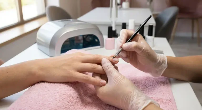 A close-up of a professional nail technician applying soft gel nail extensions