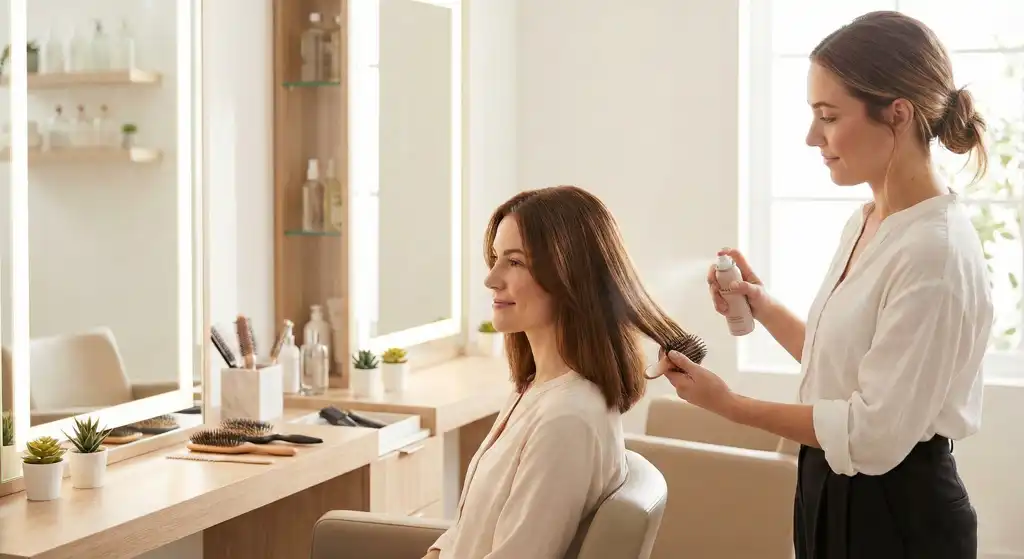 female styling hair by another person in front of the salon mirror