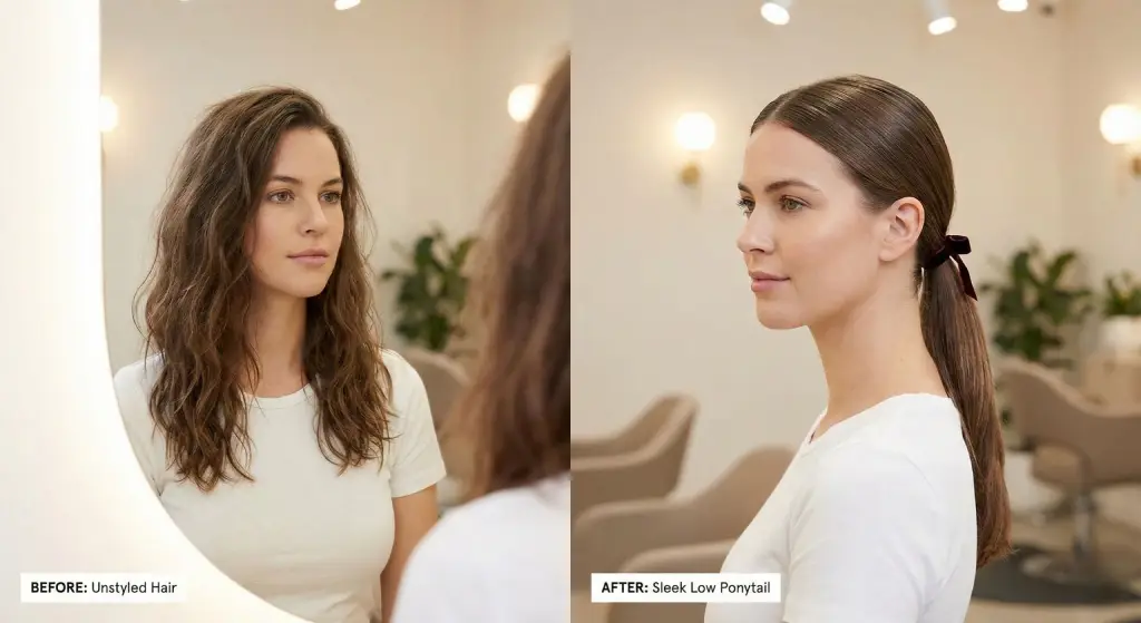 side-by-side before-and-after image of a woman’s hair transformation