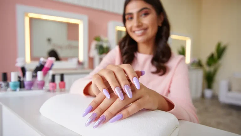 Confident woman showing off her new fake nails at a modern beauty salon
