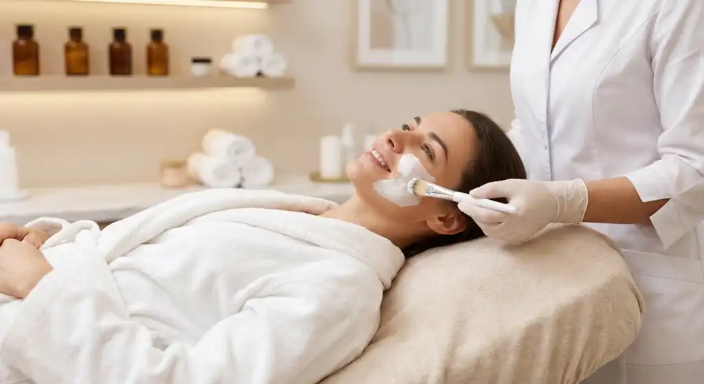 Woman enjoying a professional facial mask treatment in a beauty salon, showing different types of facial masks and their benefits for glowing skin.