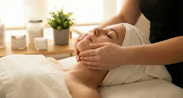 Esthetician performing facial massage along jawline to relieve tension and sculpt the face