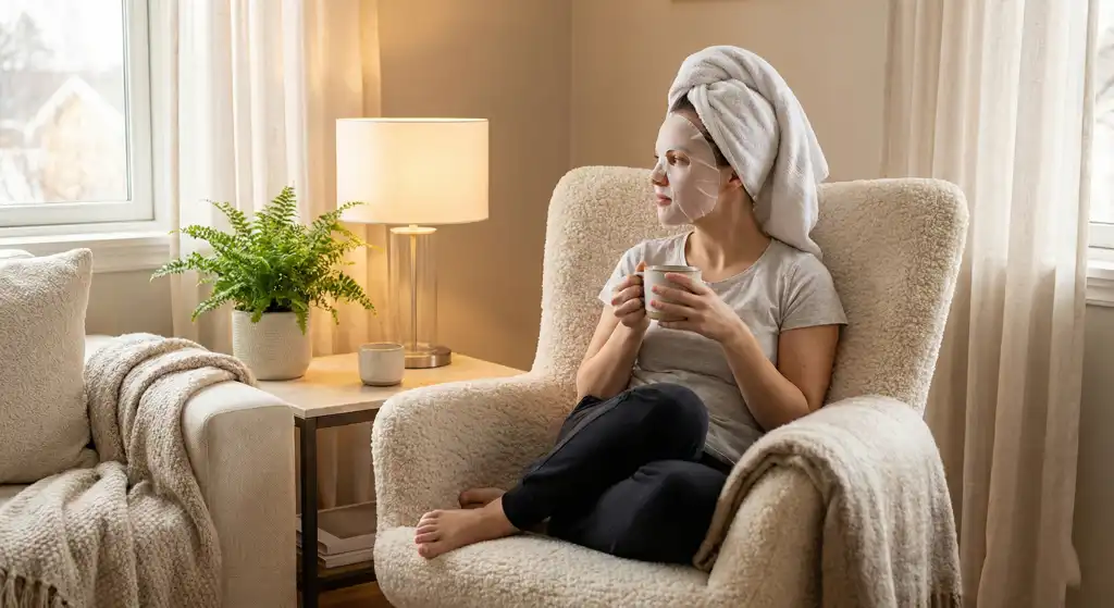 Woman wearing a hydrating sheet facial mask at home to boost moisture and glow for dry skin.