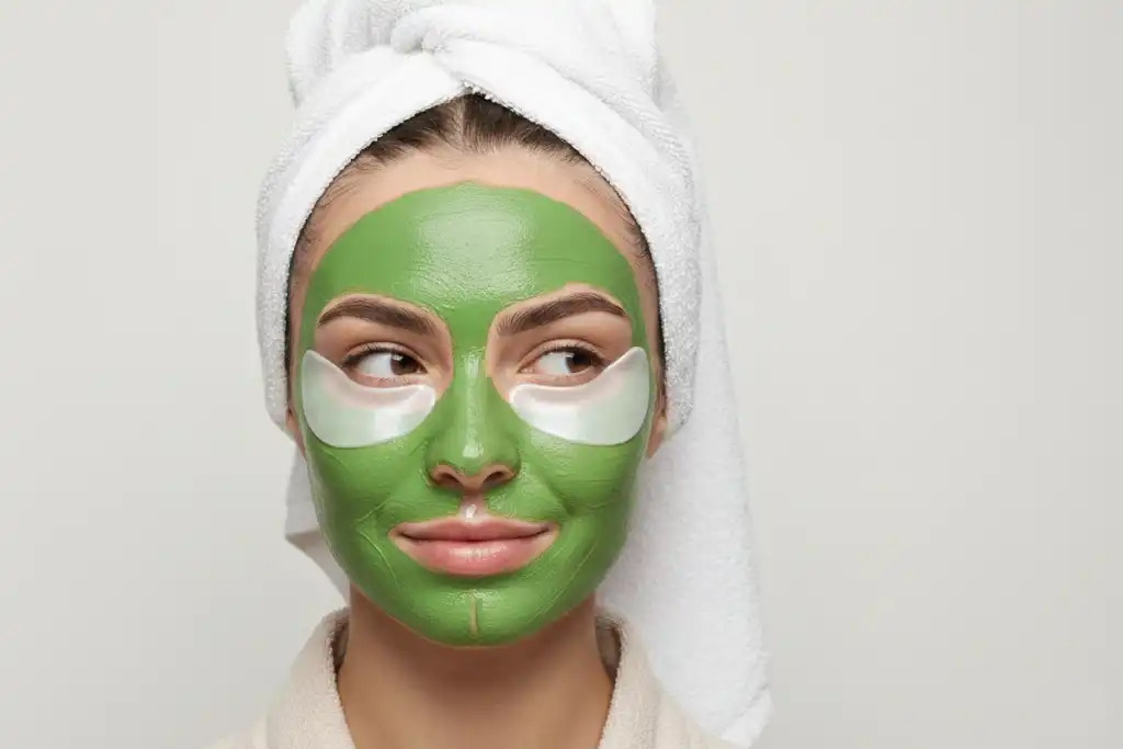 Woman using multi-masking with different facial masks on the T-zone and cheeks to target multiple skin concerns at once.