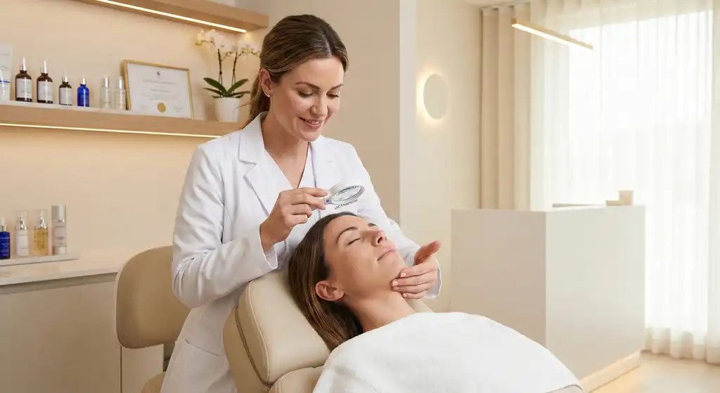 Beauty salon esthetician analyzing a female client’s skin to recommend the best facial mask type and benefits.